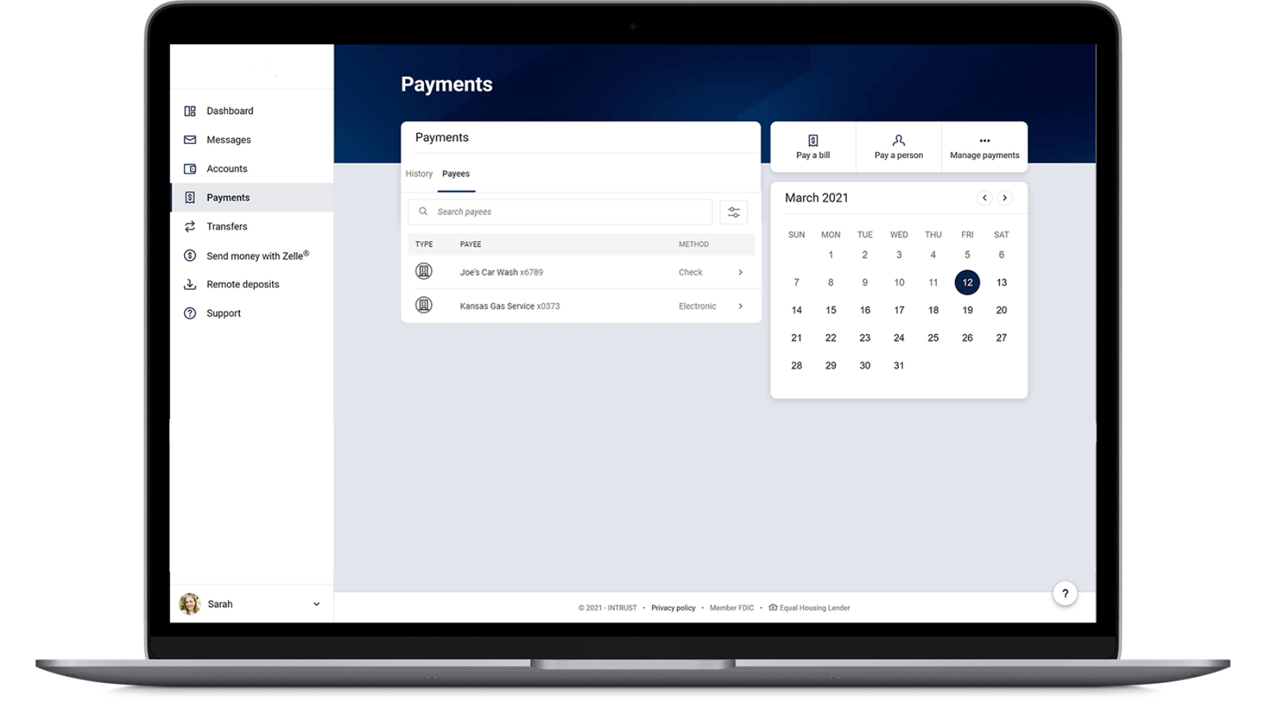 The Payments screen of WinThrust Personal Online Banking presented on a laptop